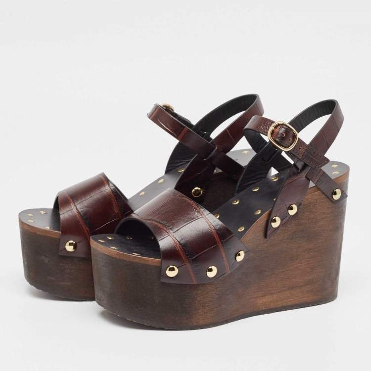 Pre Owned Celine Brown Alligator Wedge Ankle Strap Sandals Size 36