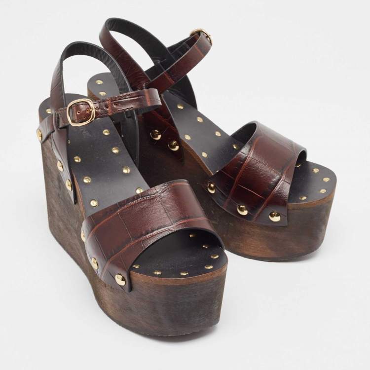 Pre Owned Celine Brown Alligator Wedge Ankle Strap Sandals Size 36