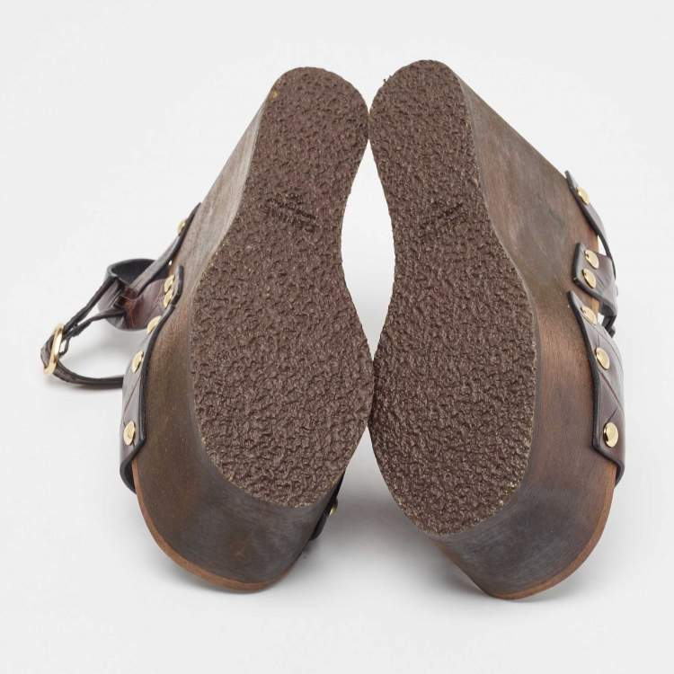 Pre Owned Celine Brown Alligator Wedge Ankle Strap Sandals Size 36