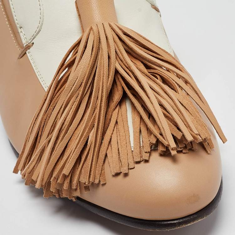 Pre Owned Celine Beige/White Leather Tassel Accents Pumps Size 37