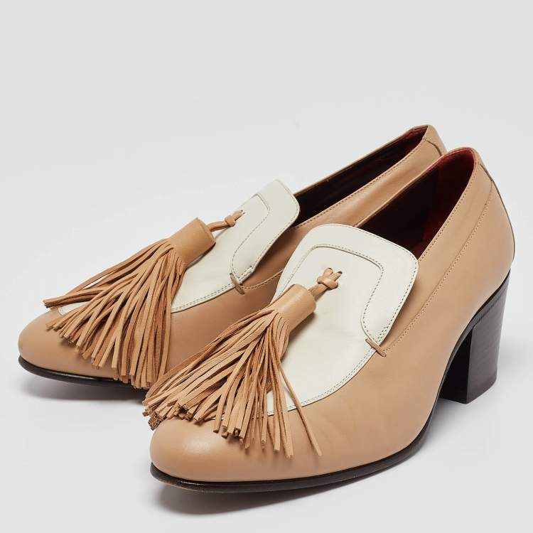Pre Owned Celine Beige/White Leather Tassel Accents Pumps Size 37