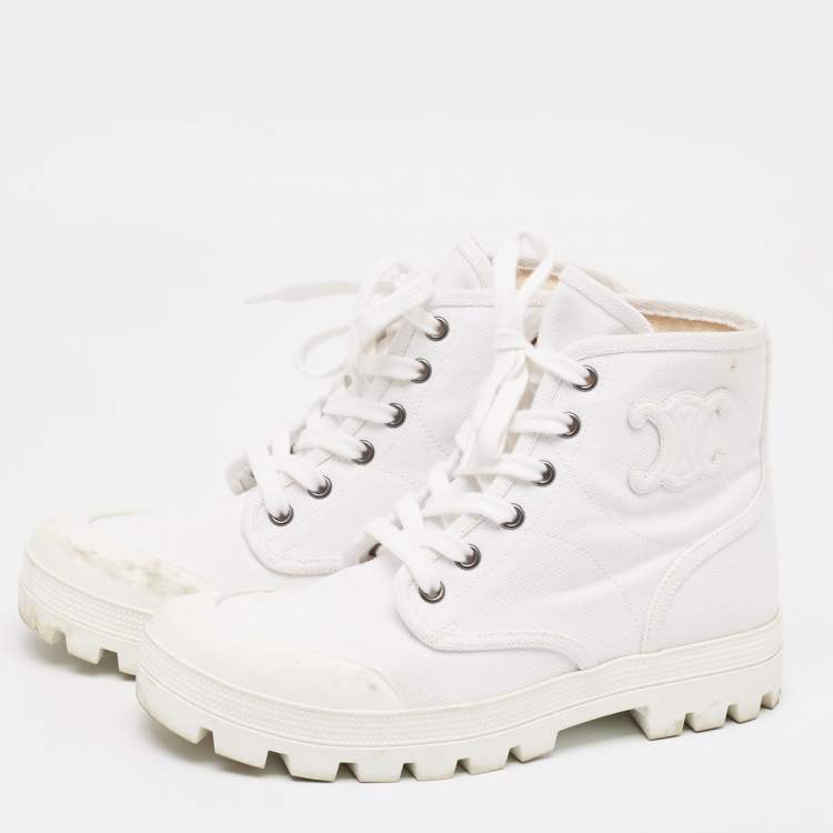 Pre Owned Celine White Canvas Combat Boots Size 37