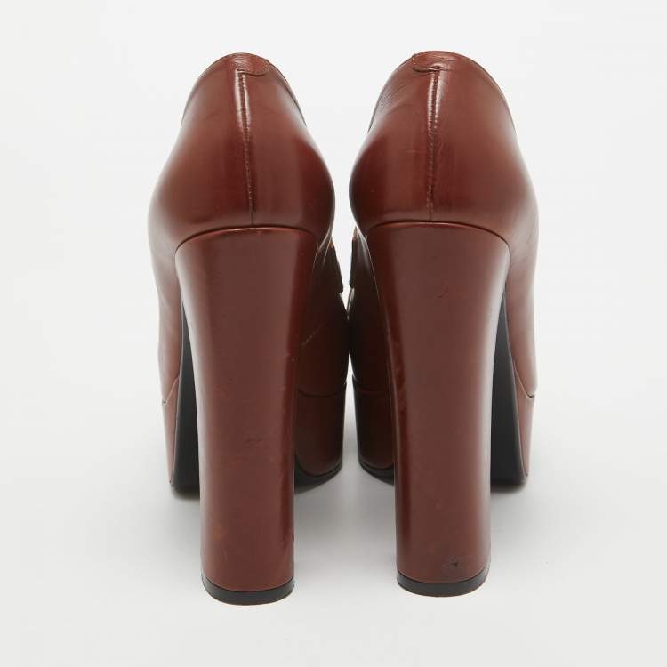 Pre Owned Celine Brown/White Leather Tassel Detail Platform Loafer Pumps Size 38