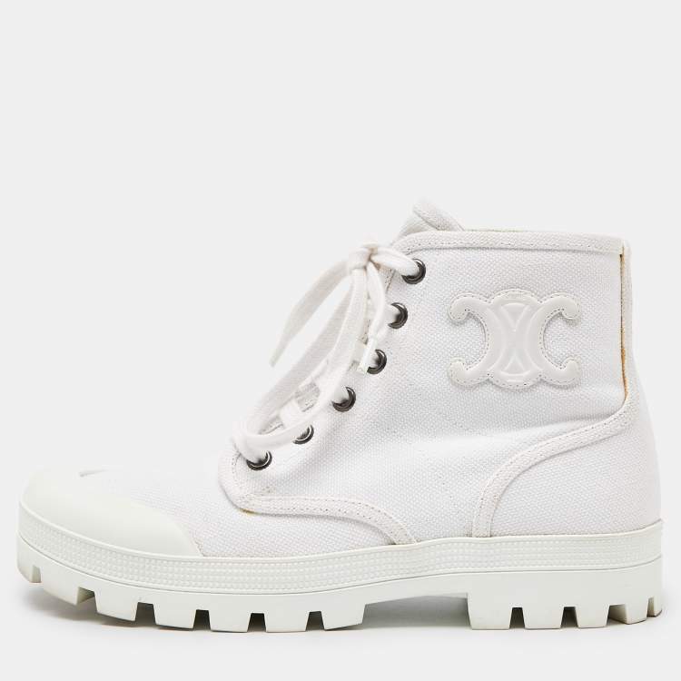 Pre Owned Celine White Canvas Combat Boots Size 36