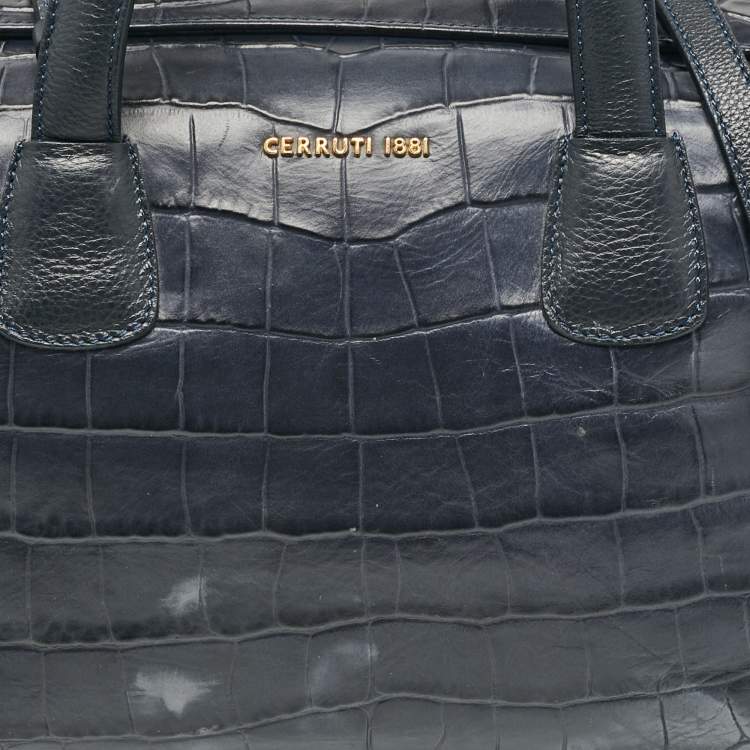 Pre Owned Cerruti 1881 Navy Blue Croc Embossed Faux Leather Shopper Tote