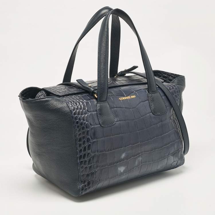 Pre Owned Cerruti 1881 Navy Blue Croc Embossed Faux Leather Shopper Tote