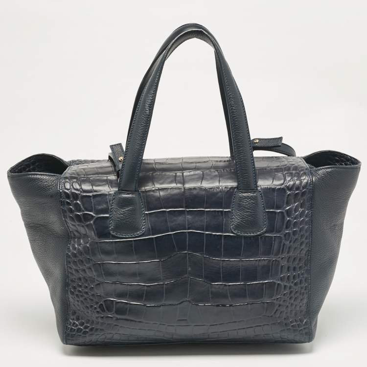 Pre Owned Cerruti 1881 Navy Blue Croc Embossed Faux Leather Shopper Tote