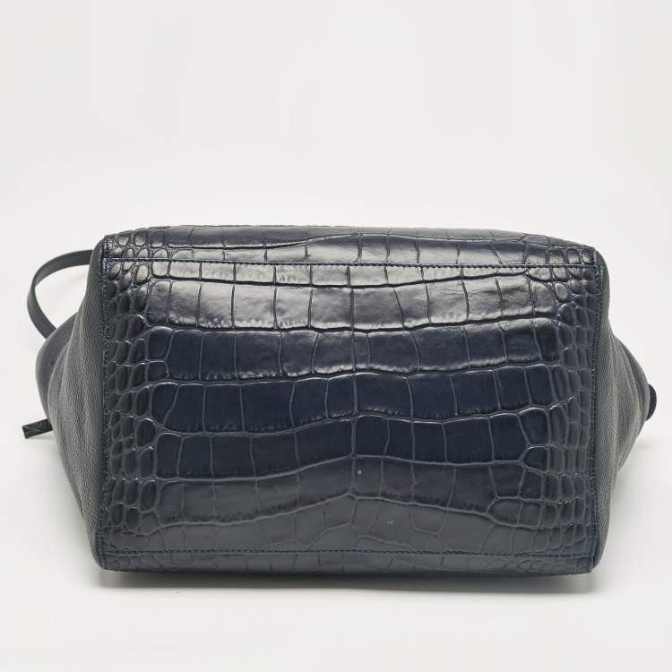 Pre Owned Cerruti 1881 Navy Blue Croc Embossed Faux Leather Shopper Tote
