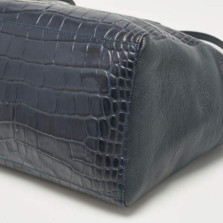 Pre Owned Cerruti 1881 Navy Blue Croc Embossed Faux Leather Shopper Tote