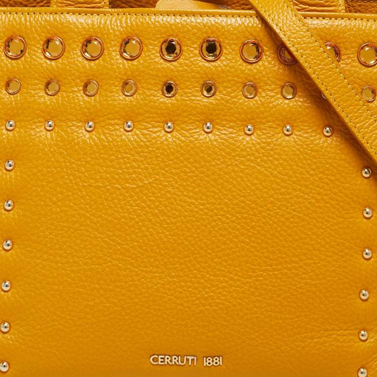 Pre Owned Cerruti 1881 Yellow Leather Crystal Studded Tote