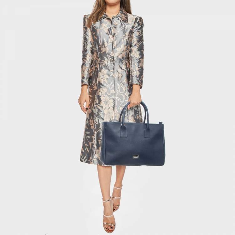 Pre Owned Cerruti Navy Blue Leather Top Zip Tote