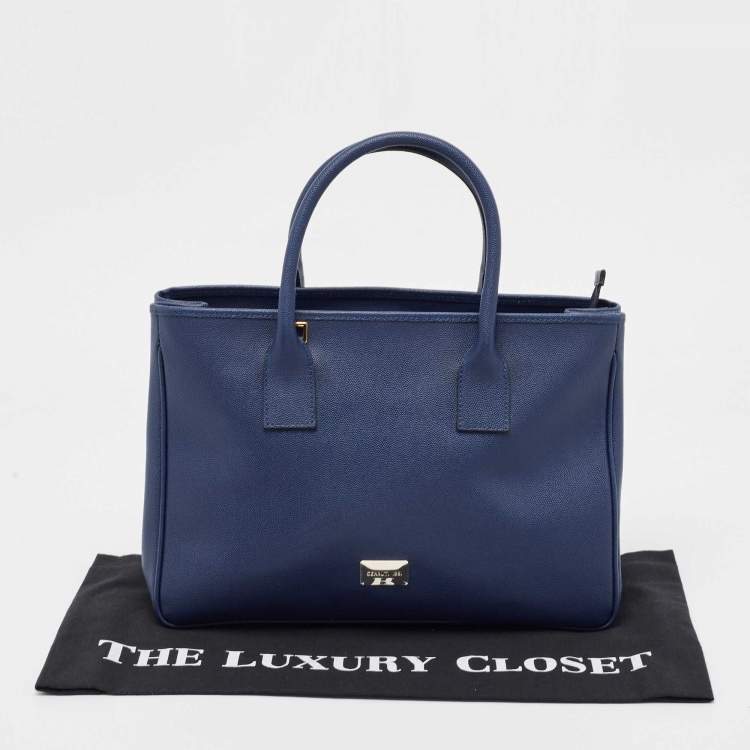 Pre Owned Cerruti Navy Blue Leather Top Zip Tote