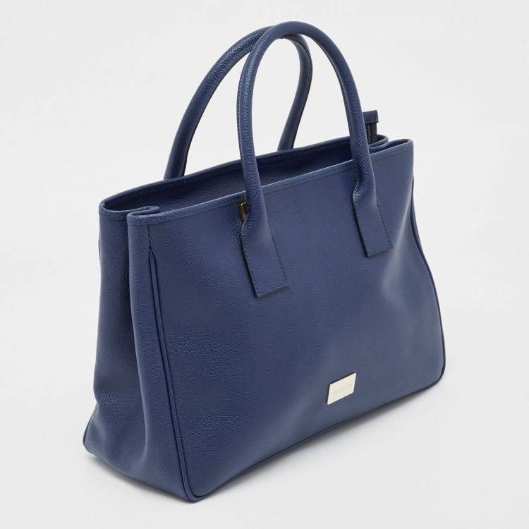 Pre Owned Cerruti Navy Blue Leather Top Zip Tote