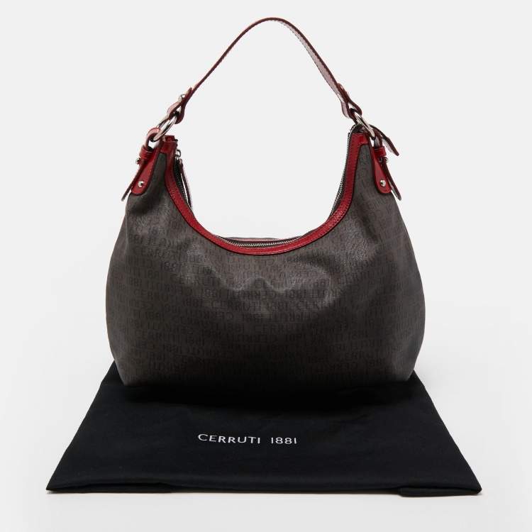 Pre Owned Cerruti Dark Brown/Red Monogram Coated Canvas and Leather Hobo
