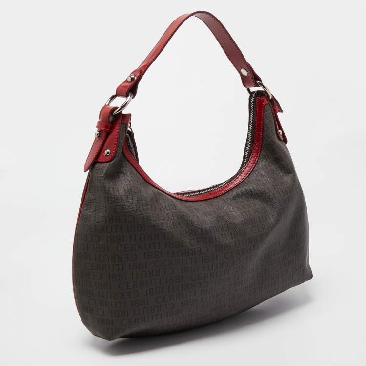 Pre Owned Cerruti Dark Brown/Red Monogram Coated Canvas and Leather Hobo
