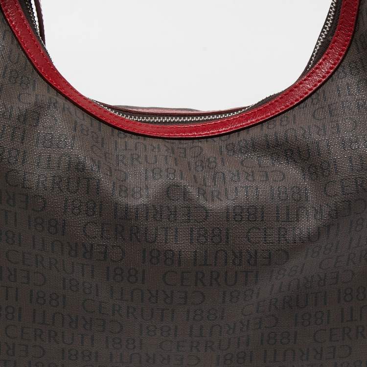 Pre Owned Cerruti Dark Brown/Red Monogram Coated Canvas and Leather Hobo