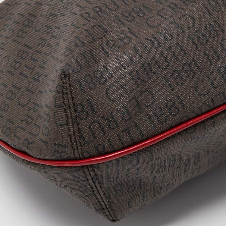 Pre Owned Cerruti Dark Brown/Red Monogram Coated Canvas and Leather Hobo