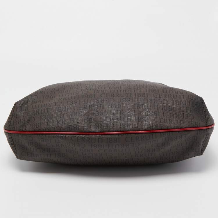 Pre Owned Cerruti Dark Brown/Red Monogram Coated Canvas and Leather Hobo