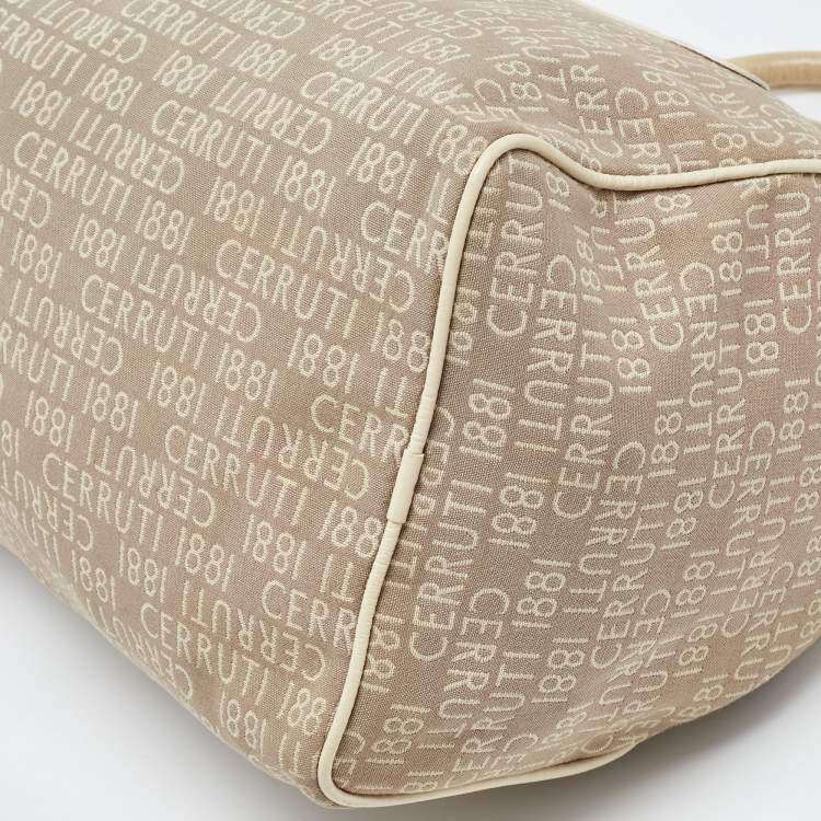 Pre Owned Cerruti Beige Signature Canvas and Patent Leather Boston Bag