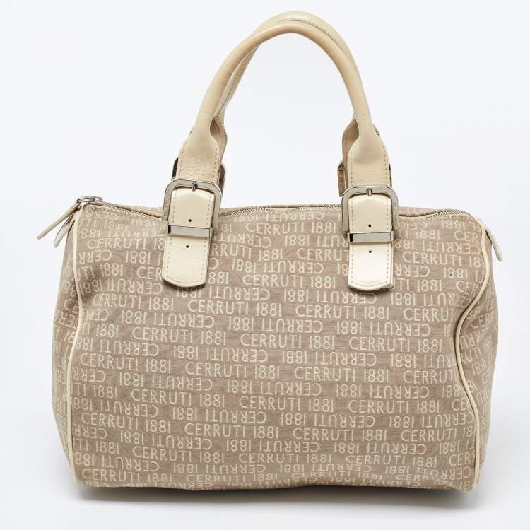 Pre Owned Cerruti Beige Signature Canvas and Patent Leather Boston Bag