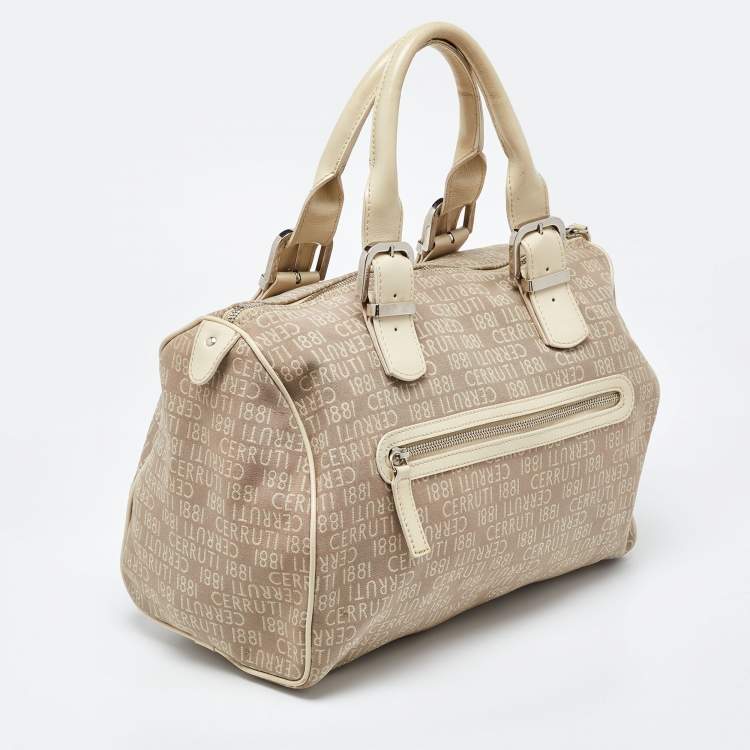 Pre Owned Cerruti Beige Signature Canvas and Patent Leather Boston Bag