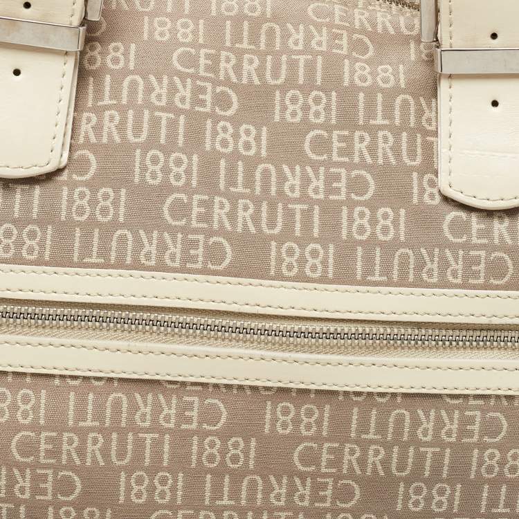 Pre Owned Cerruti Beige Signature Canvas and Patent Leather Boston Bag