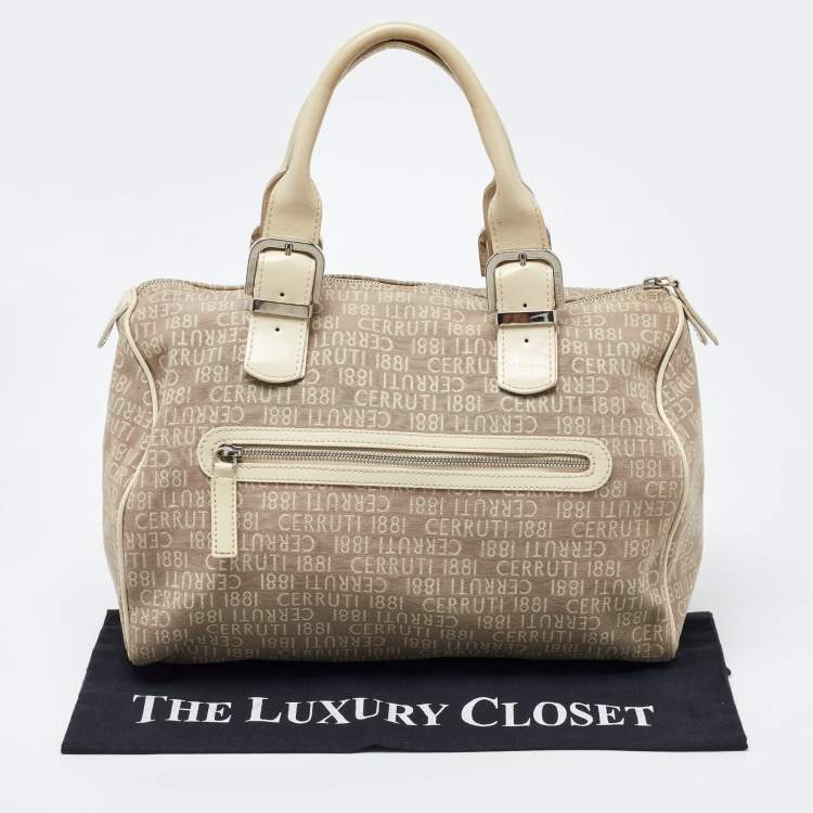 Pre Owned Cerruti Beige Signature Canvas and Patent Leather Boston Bag