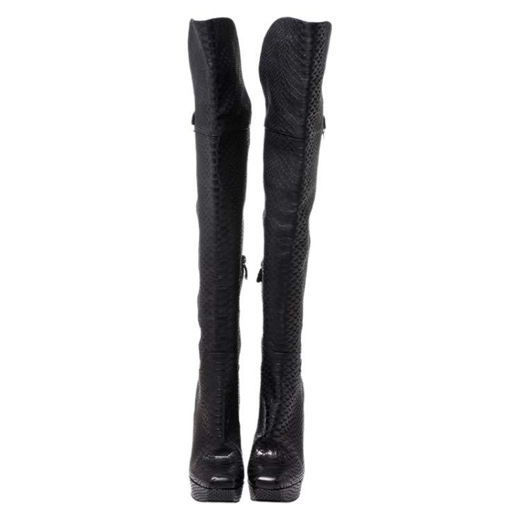 Pre Owned Cesare Paciotti Black Python Embossed Leather Over The Knee Boots Size 39