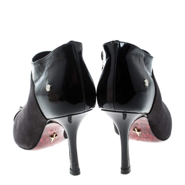 Pre Owned Cesare Paciotti Black Suede and Leather Studded Cap Toe Ankle Boots Size 35.5