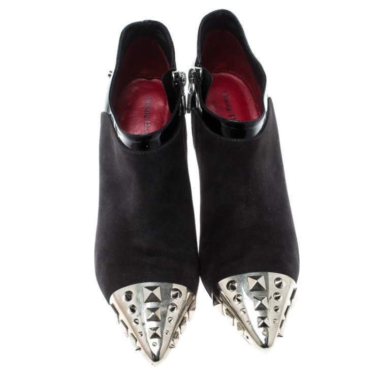 Pre Owned Cesare Paciotti Black Suede and Leather Studded Cap Toe Ankle Boots Size 35.5