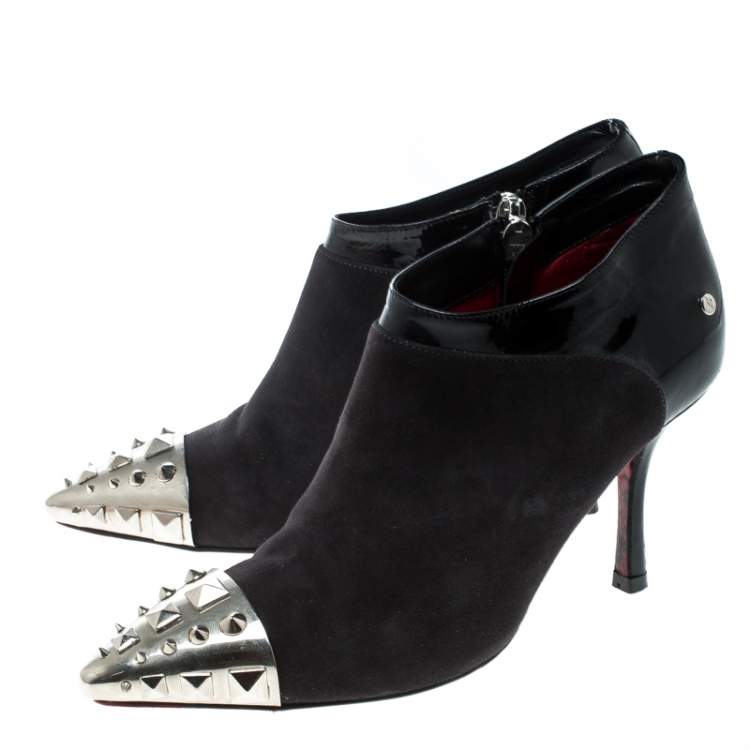Pre Owned Cesare Paciotti Black Suede and Leather Studded Cap Toe Ankle Boots Size 35.5
