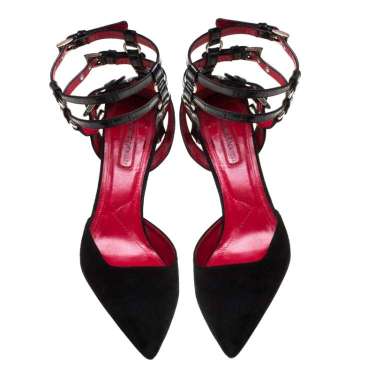 Pre Owned Cesare Paciotti Black Suede And Leather Ankle Strap Pointed Toe Sandals Size 38