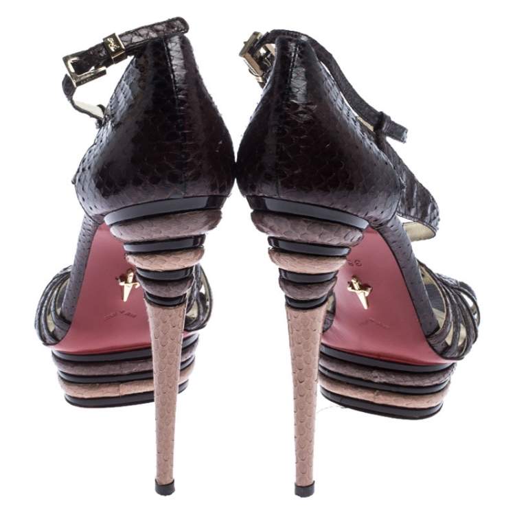 Pre Owned Cesare Paciotti Dark Brown Strappy Python Double Stacked Platform Sandals Size 38.5