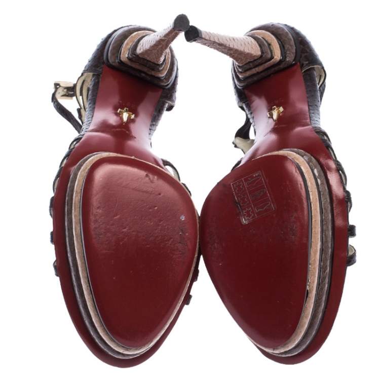 Pre Owned Cesare Paciotti Dark Brown Strappy Python Double Stacked Platform Sandals Size 38.5