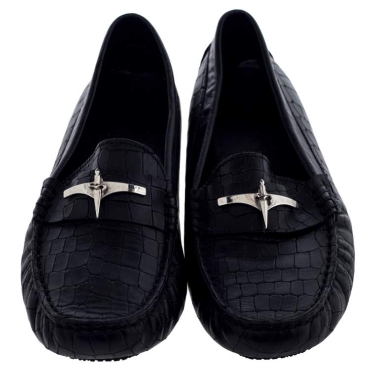Pre Owned Cesare Paciotti Black Croc Embossed Leather Slip On Loafers Size 35