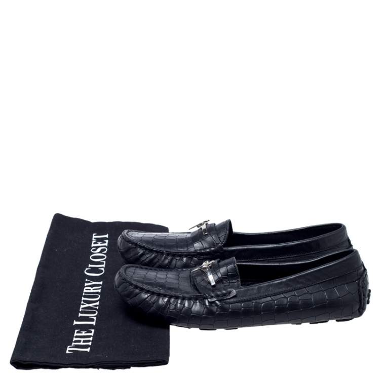 Pre Owned Cesare Paciotti Black Croc Embossed Leather Slip On Loafers Size 35