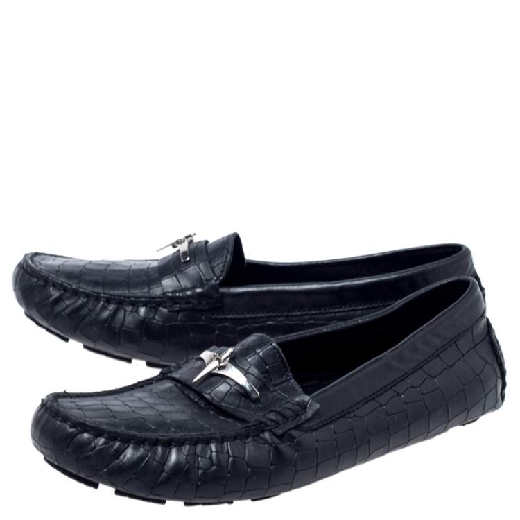 Pre Owned Cesare Paciotti Black Croc Embossed Leather Slip On Loafers Size 35