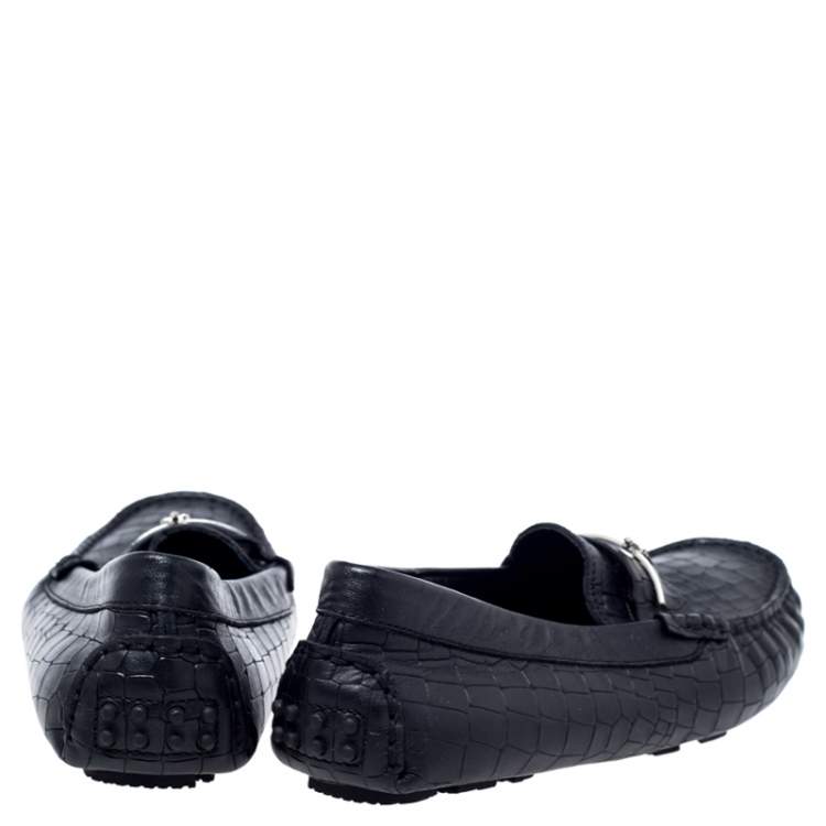 Pre Owned Cesare Paciotti Black Croc Embossed Leather Slip On Loafers Size 35