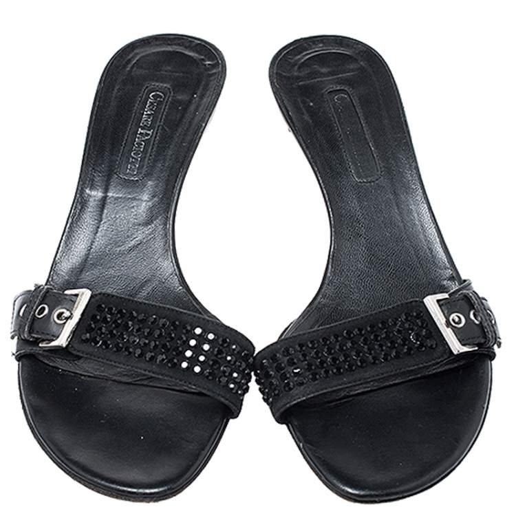 Pre Owned Cesare Paciotti Black Leather Crystal Embellished Buckle Detail Kitten Heel Mules Size 37