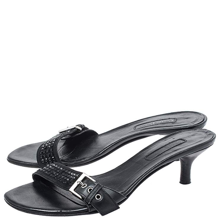 Pre Owned Cesare Paciotti Black Leather Crystal Embellished Buckle Detail Kitten Heel Mules Size 37