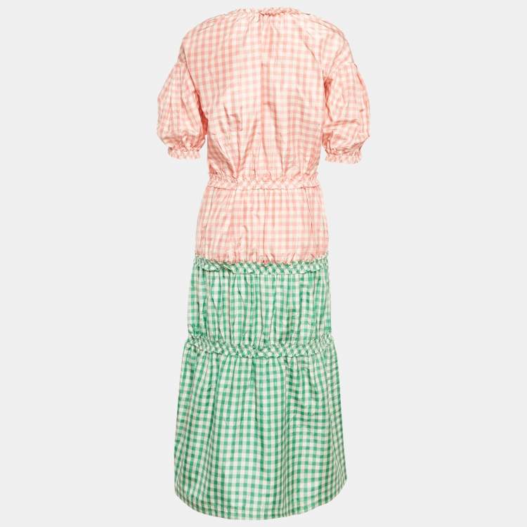 Pre Owned CF. Goldman Pink/Green Checkered Silk Tiered Midi Dress S