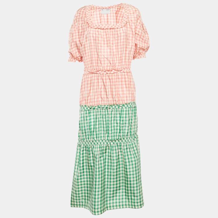 Pre Owned CF. Goldman Pink/Green Checkered Silk Tiered Midi Dress S