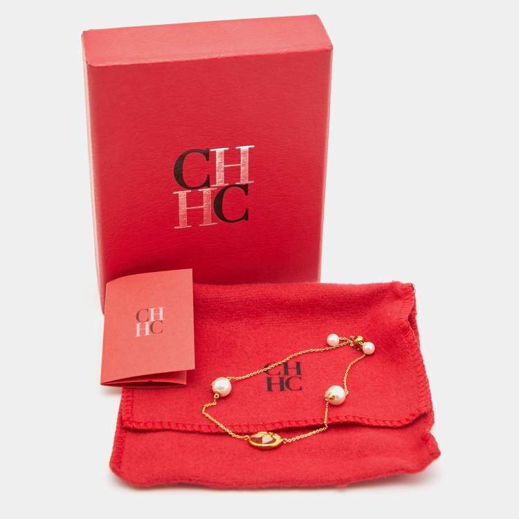 Pre Owned CH Carolina Herrera Mother of Pearl Faux Pearl Gold Tone Bracelet