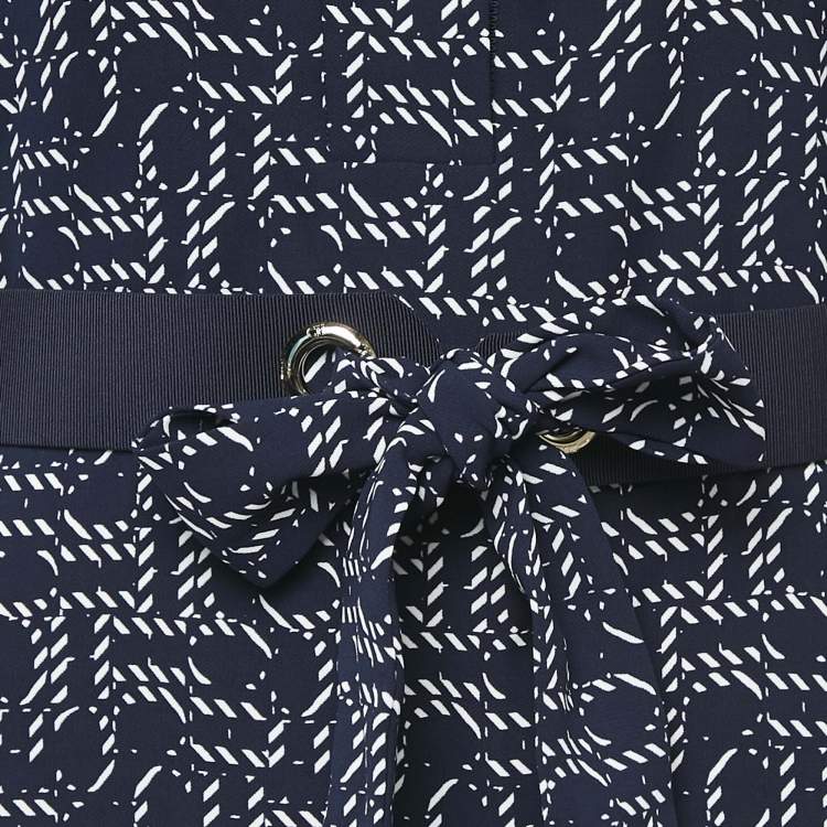 Pre Owned CH Carolina Herrera Blue Printed Crepe Belted Midi Dress M