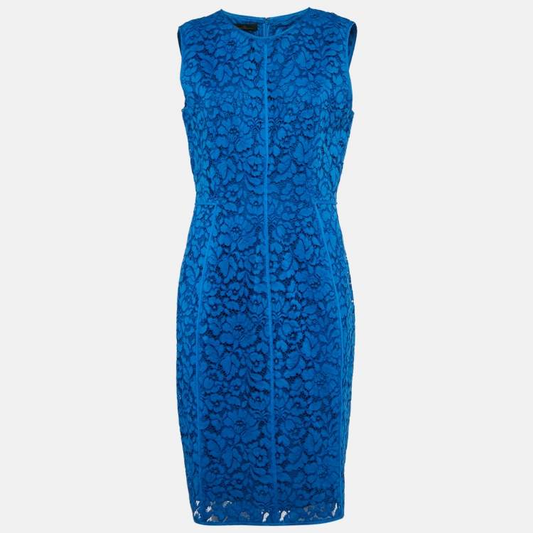 Pre Owned CH Carolina Herrera Blue Floral Pattern Lace Sheath Dress L