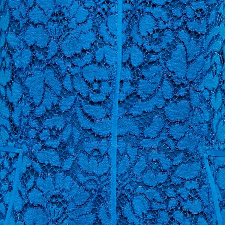 Pre Owned CH Carolina Herrera Blue Floral Pattern Lace Sheath Dress L