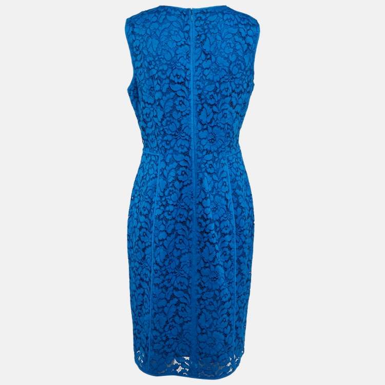 Pre Owned CH Carolina Herrera Blue Floral Pattern Lace Sheath Dress L