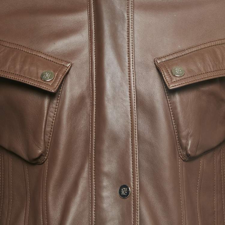 Pre Owned CH Carolina Herrera Brown Leather Logo Patch Detail Biker Jacket L