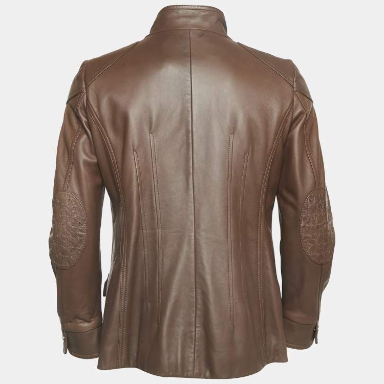 Pre Owned CH Carolina Herrera Brown Leather Logo Patch Detail Biker Jacket L