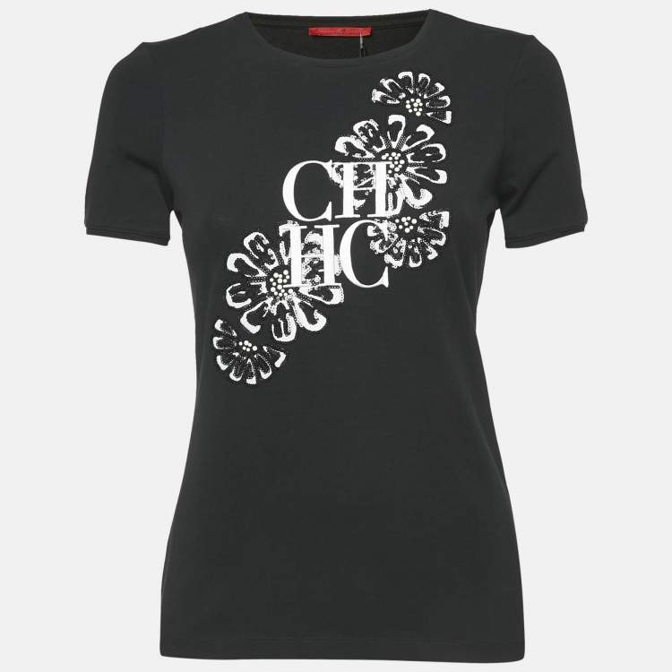 Pre Owned CH Carolina Herrera Black Floral Embellished and Logo Embroidery Cotton T-Shirt XS